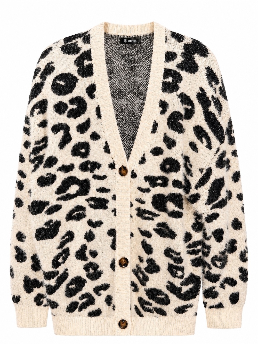 Leopard Print Button-Front Cardigan Sweater - Cream & Black